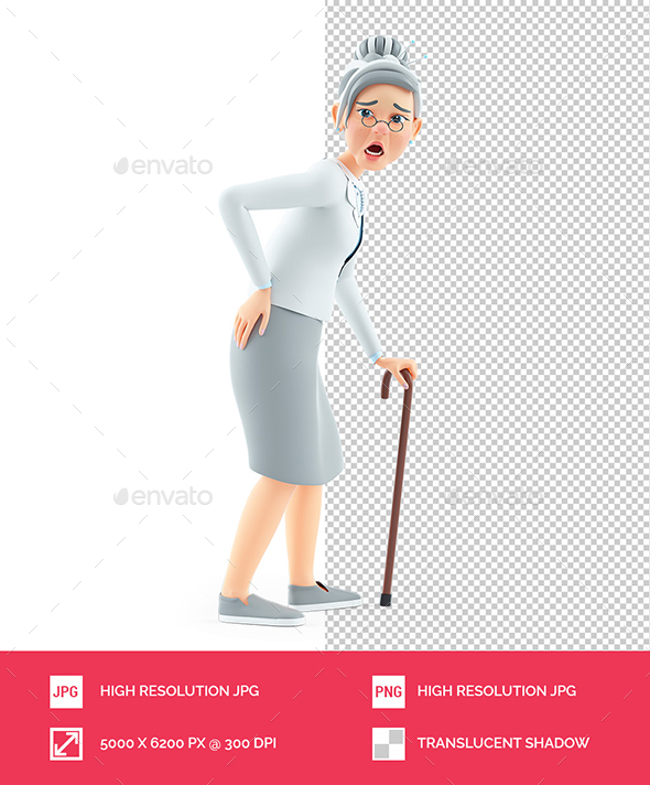 3D Cartoon Granny Suffering From Back Pain