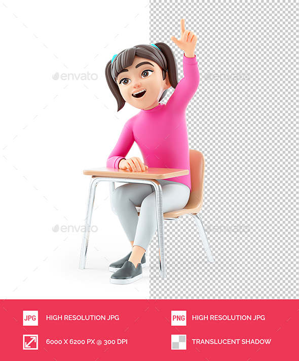 3D Girl Sitting at School Desk and Lifting Up her Hand