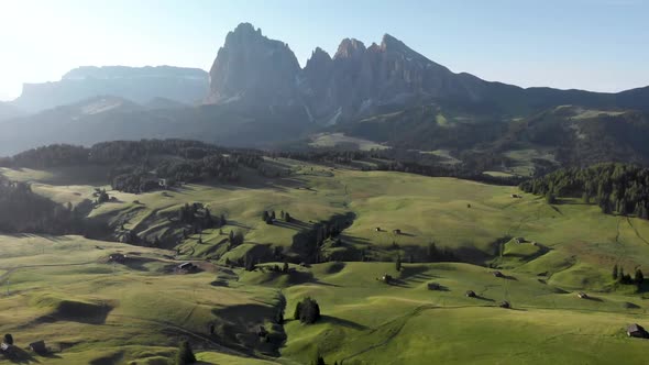 Aerial Crane Shot of Seiser Alm Meadows in Dolomites Italy