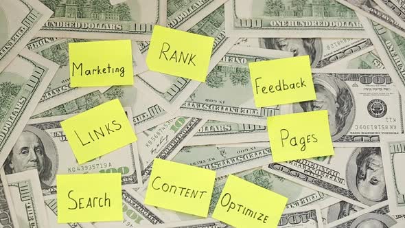 Seo Optimization Notes On The Money. A Lot Of Dollar Bills And Various Notes, Internet Optimization.
