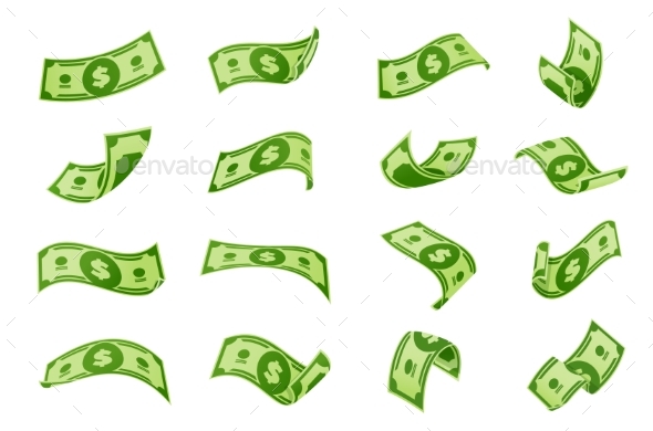 Flying Cartoon Banknotes Dollar Cash Money Bills