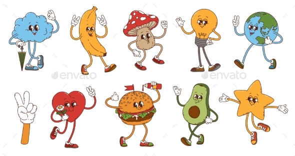 Cartoon Retro Groovy Funky Characters Vector Set