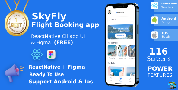 [DOWNLOAD]Online Flight & Hotel/Place Booking App | UI Kit | ReactNative | Figma FREE | SkyFly