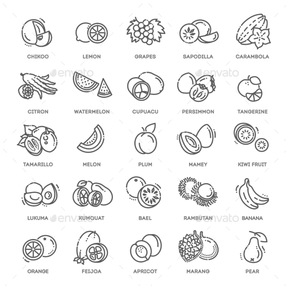 Fruits Exotic Fruits Vegetarian  Flat Icon Set
