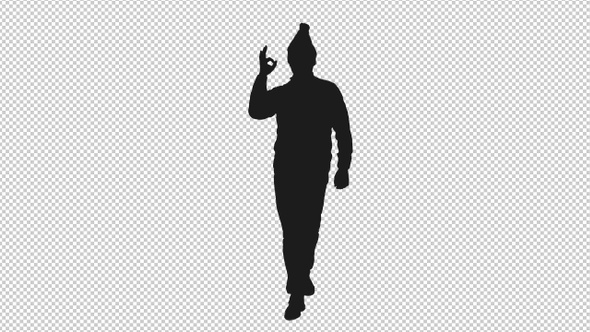 Silhouette of Adult Man Walking in Hat and Showing Ok Gesture, Alpha Channel