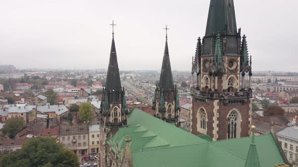 Aerial View of Historical Church of Saints Olga and Elizabeth Old Gothic Temple in Town Lviv Ukraine alt