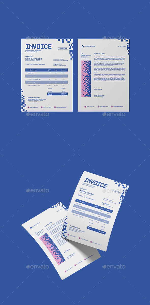 Blue White Pixelate Invoice & Letterhead