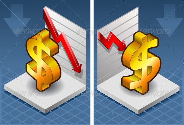 Isometric Symbol of Dollar with Red Arrow Down - Conceptual Vectors
