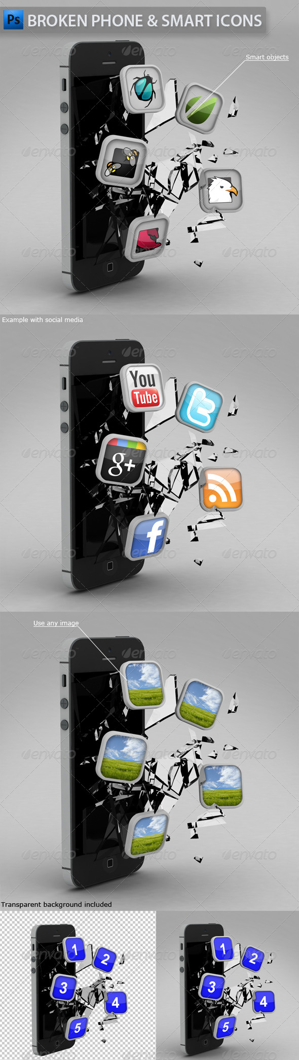 Broken Phone with Smart Icons - Objects 3D Renders
