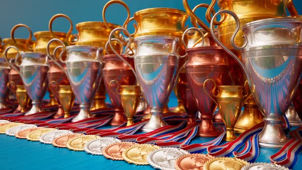 Endless animation of gold, silver and brown medals and cups for winners. alt