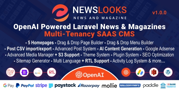 NewsLooks SAAS | OpenAI Powered News & Magazines Multi-Tenancy SAAS CMS
