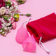 Menstrual cups beside a collection of vibrant, fresh flowers on a pink background - PhotoDune Item for Sale