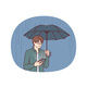 Sad Man with Umbrella Stands in Rain and Reads SMS 
