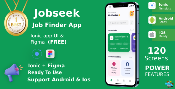 Online Job Finder App | UI Kit | Ionic | Figma FREE | JobSeek