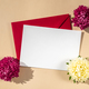 Composition with empty paper note and envelope beautiful spring red and white flowers on beige - PhotoDune Item for Sale