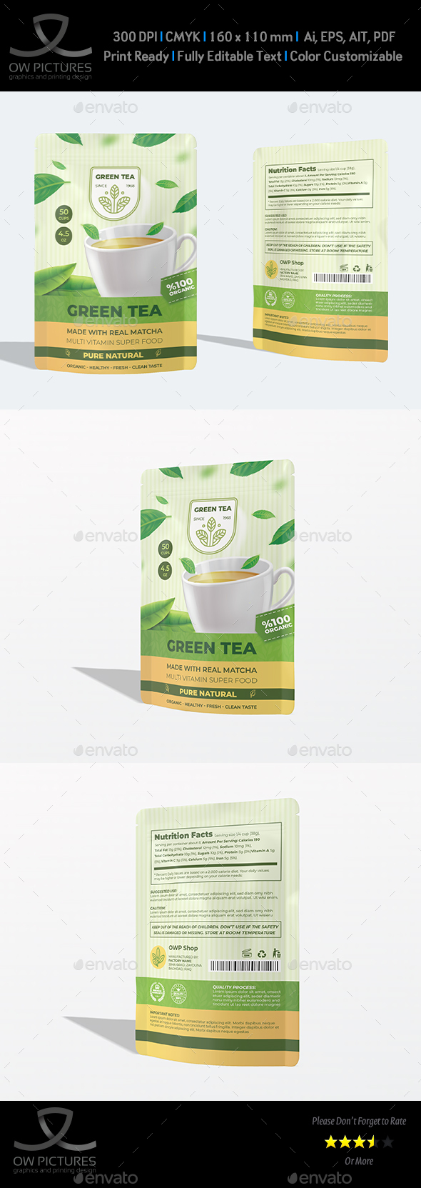 Green Tea Pouch Mylar Bag Template for Packaging
