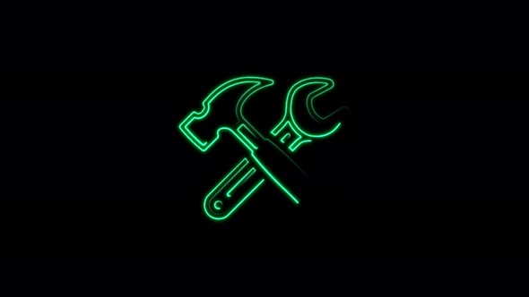 Neon line Crossed hammer and wrench spanner icon isolated on a purple background. Hardware tools alt