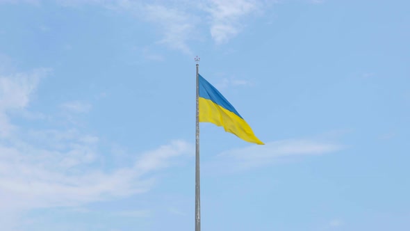 Ukraine Flag Waving in the Wind Blue Sky Highly Detailed Fabric Texture Yellow Blue Flag of Ukraine