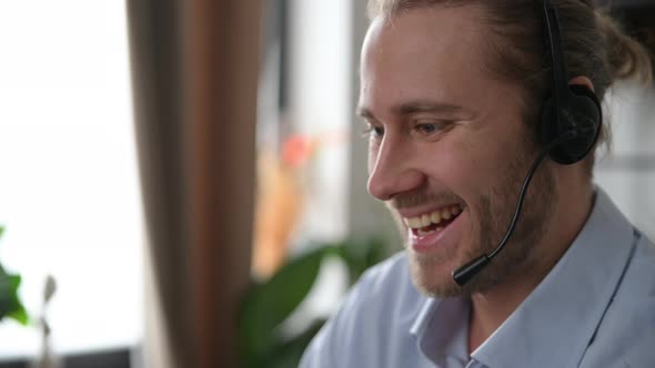 Friendly Bearded Satisfied Man Operator of Call Center or Business Leader Consultant with Headset alt