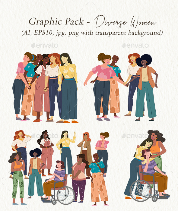 Collection of illustrations of diverse women, each with different body type and race.