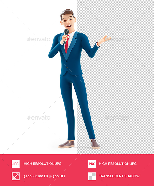 3D Cartoon Businessman Speaking Into a Microphone