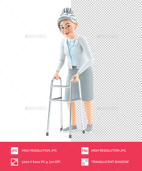 3D Cartoon Granny Walking with Walker