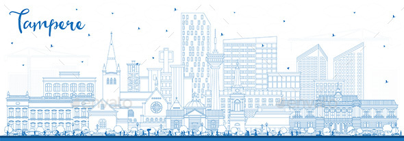 Outline Tampere Finland city skyline with blue buildings.