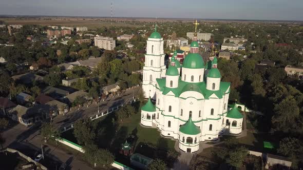 Aerail view to Cathedral Nativity Blessed Virgin in Kozelets, Chernihiv region, Ukraine alt