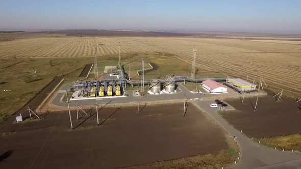 Top View From Drone on Area with Equipment for Pumping Natural Gas and Oil