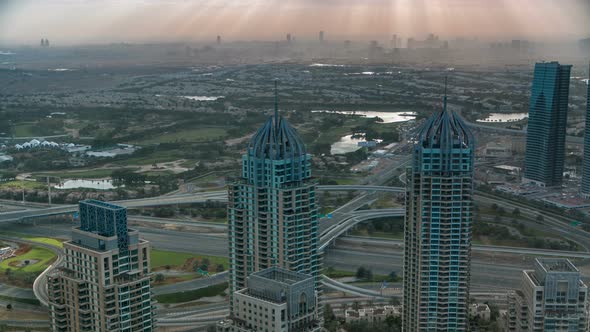 Morning in Dubai Marina with Towers and Traffic on Road From Skyscrapper Dubai UAE Timelapse alt