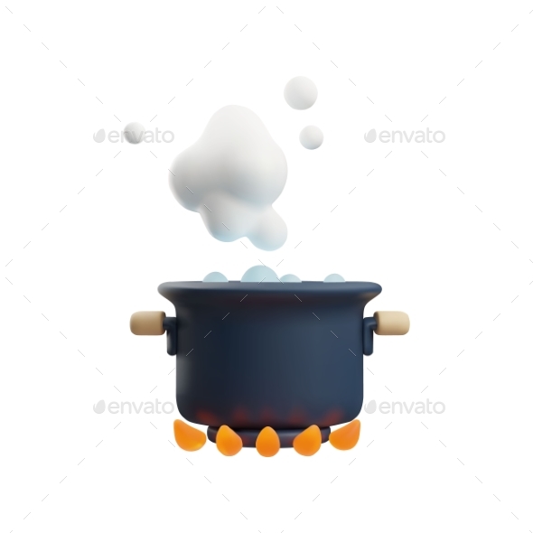 3D Vector of Boiling Pan with Steam Over Gas Flame