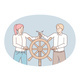 Colleagues Steer Ship Wheel in Different Directions 