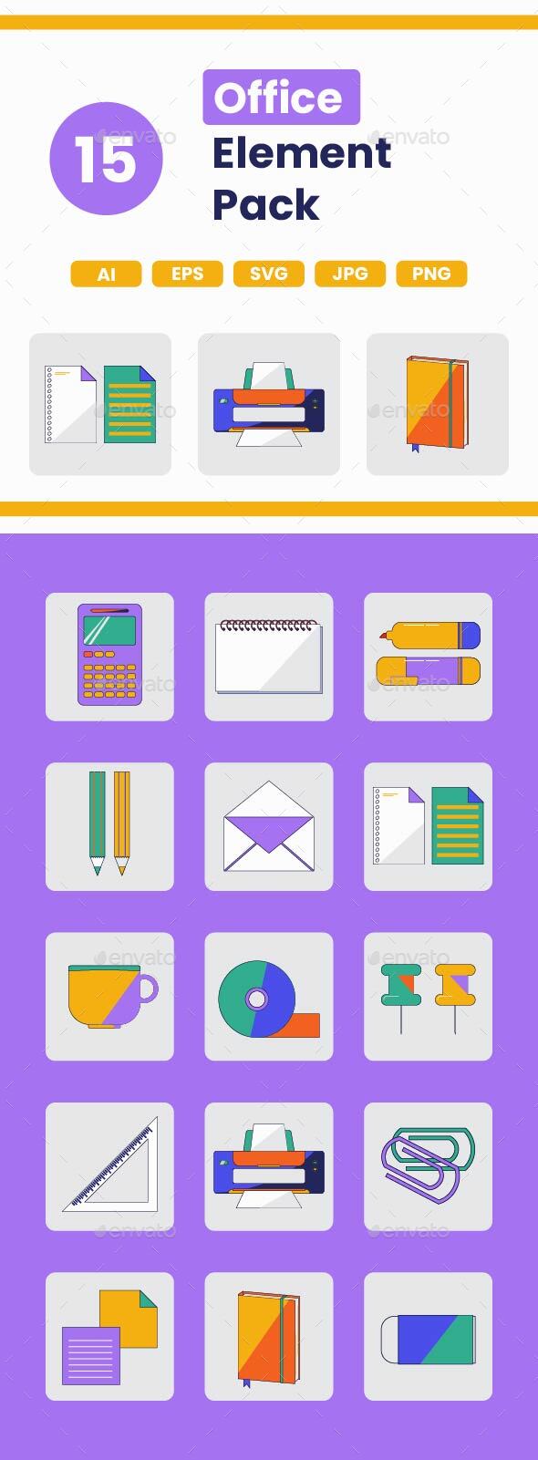 Purple Green Yellow Flat Office Stationery Element Pack