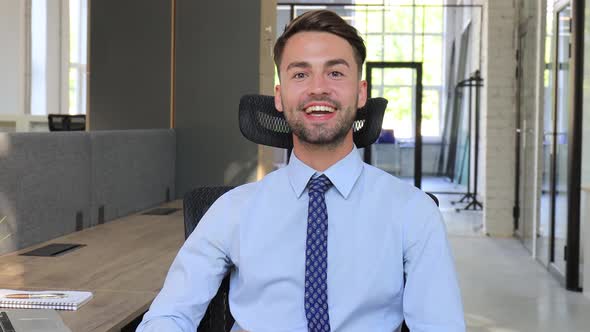 Businessman talking at webcam making conference video call for job interview alt