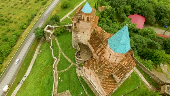 Aerial view on top of Gremi church in Shilda village, historical heritage alt