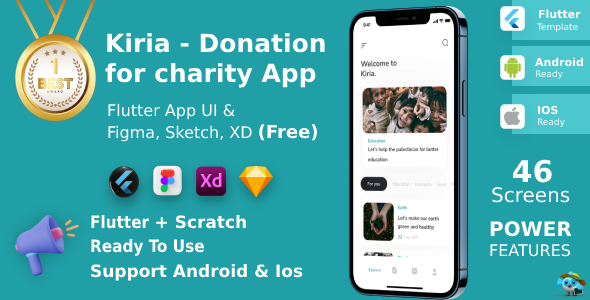 Donation for charity App ANDROID + IOS + FIGMA + XD | UI Kit | Flutter | Kiria