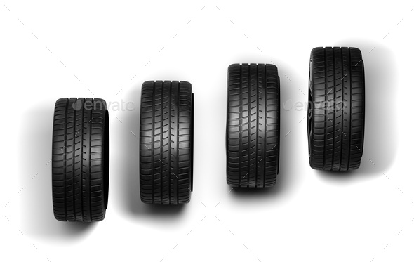 Four black car tires in a row on white background - Stock Photo - Images