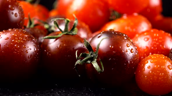 Cherry tomatoes on a black background in water drops. alt