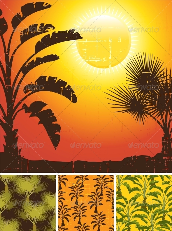 Tropical Palm on Sea Background and Patterns - Patterns Decorative