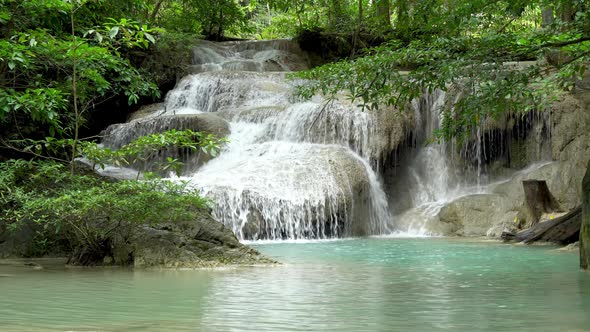 Erawan waterfall first level in National Park, famous tourist destination in Kanchanaburi, Thailand.