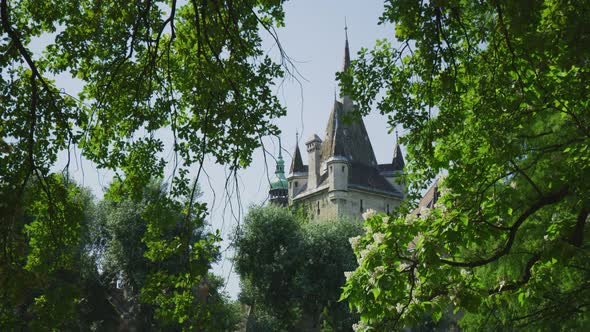 Vajdahunyad Castle tower seen behind trees alt