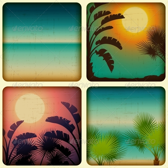 Retro Tropical Cards with Seaside and Palm Trees - Landscapes Nature