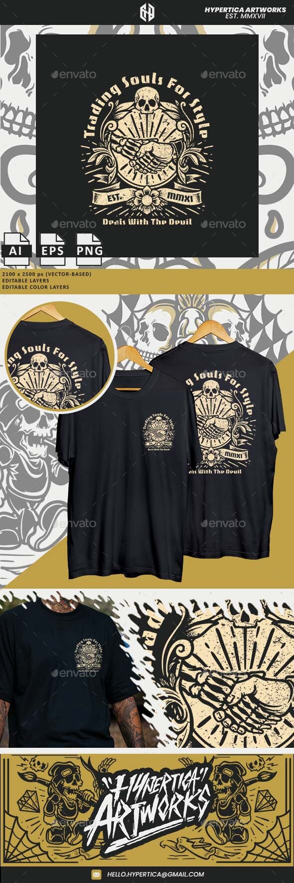 [DOWNLOAD]Illustration Of A Skull Shaking Hands With A Human Hand T-Shirt Design