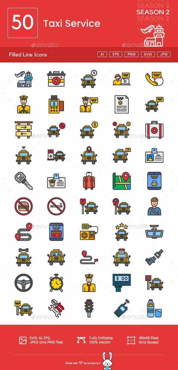 Taxi Service Filled Line Icons