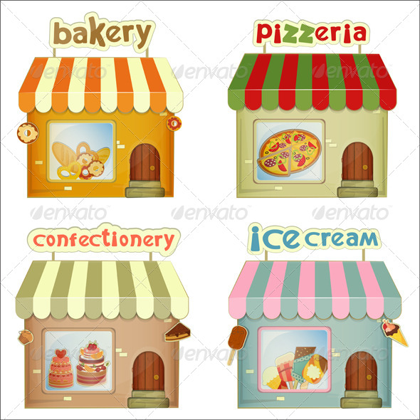 Set of Cartoon Shops - Food Objects