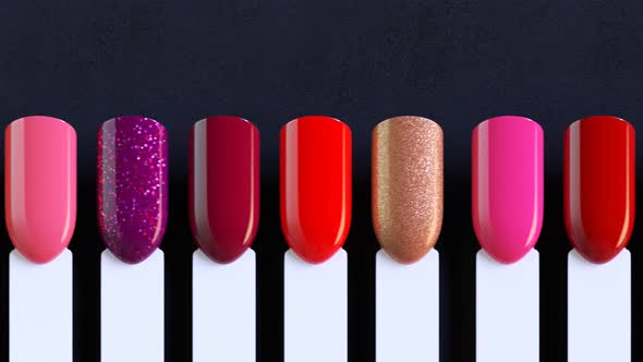 Seamless looping animation of nail polish samples in different bright colors.