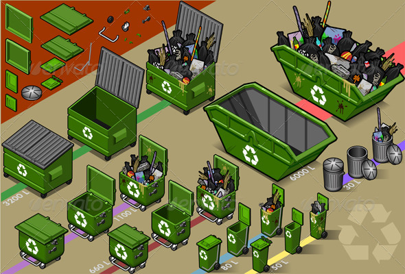 Isometric Garbage Containers - Objects Vectors