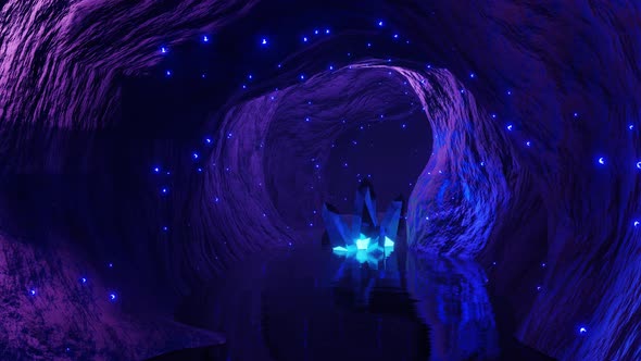 Blue mystical cave with the magic of sparkling crystals, stimulating adventure concept