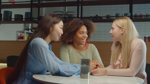 Friendly Conversation of Pretty Diverse Females During Lunch alt