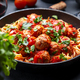 Italian spaghetti pasta in marinara sauce with meatballs, black table background, top view - PhotoDune Item for Sale